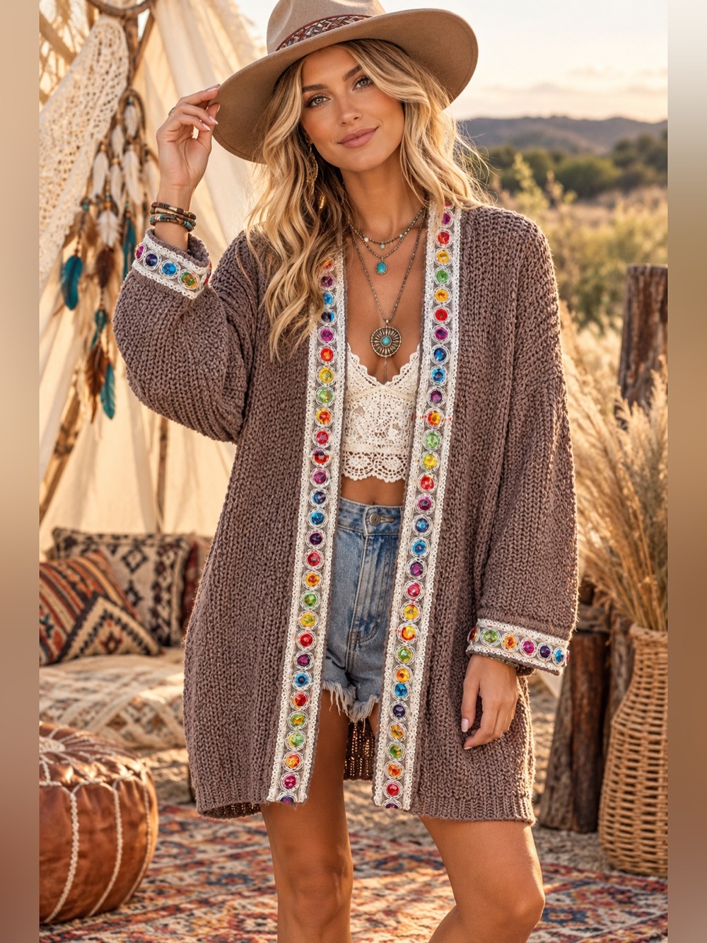 POL wans boho Open-Front Knit Cardigan with Multicolor trim size L